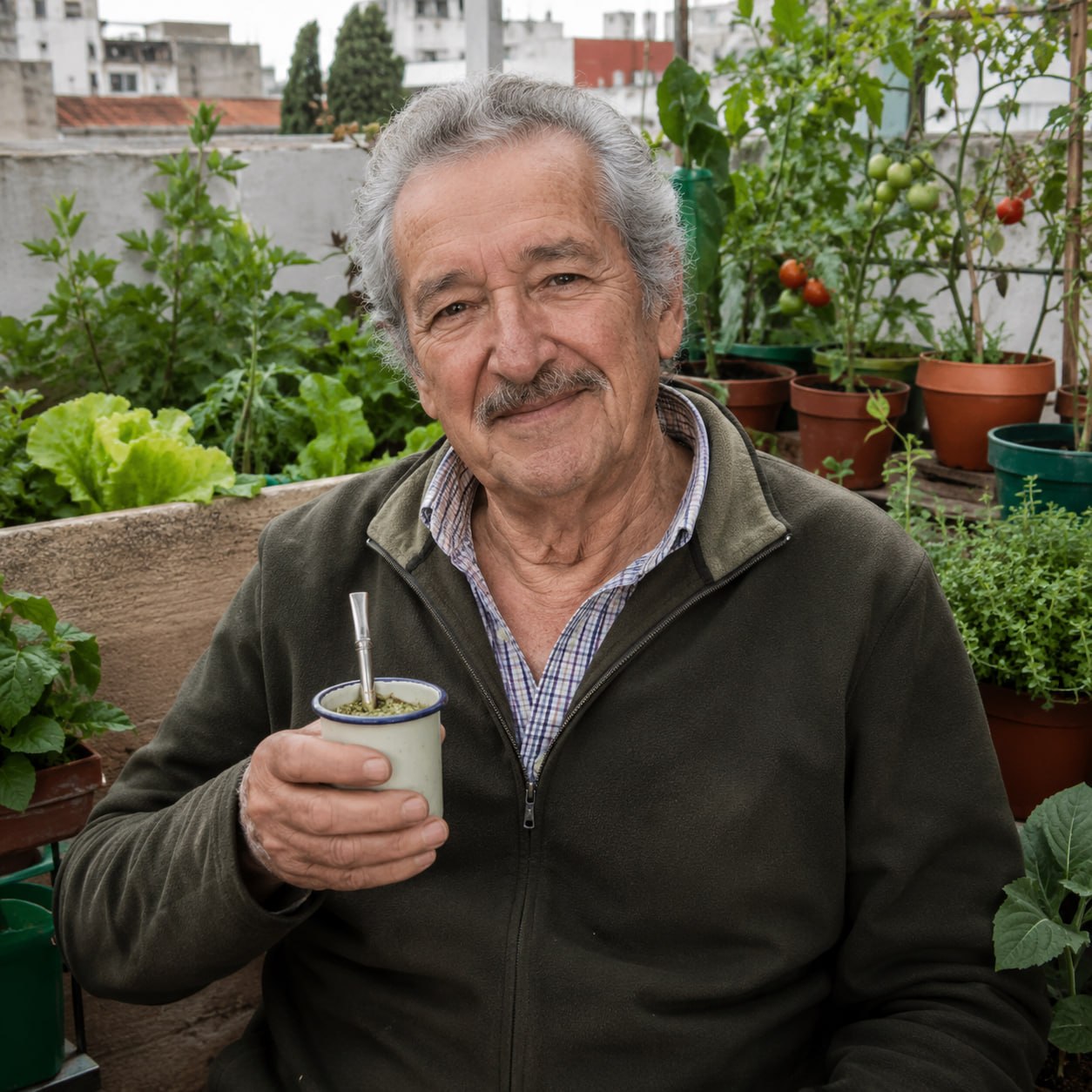 Don Ernesto en su huerto en macetas